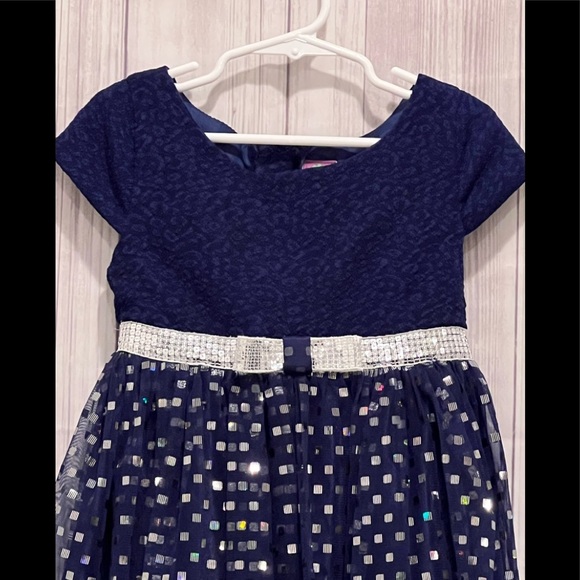 DOLLIE & ME navy blue silver metallic girls dress / size 6 - Picture 2 of 7
